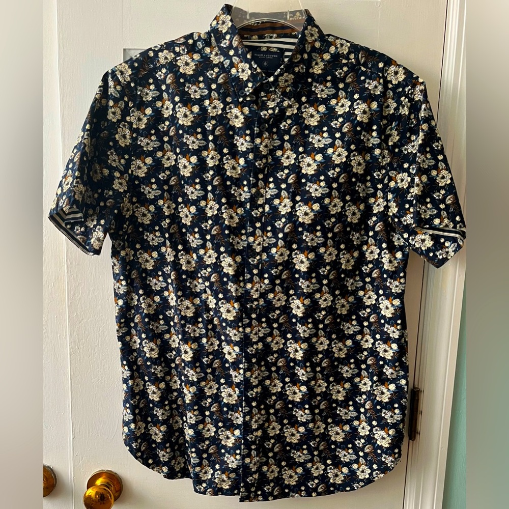 NWOT DENIM & FLOWER Men's Short Sleeve Blue/Floral/Stripe Shirt. Size: Large - Picture 3 of 11